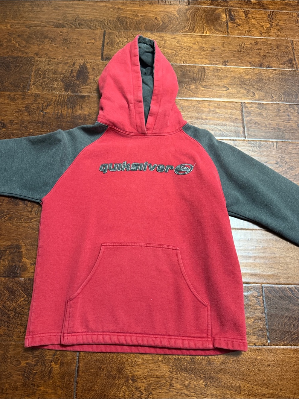Quiksilver Red Hooded Sweatshirt with Gray Raglan Sleeves